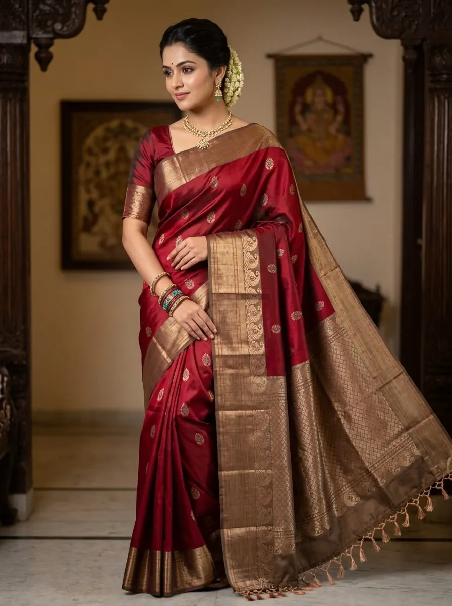 Crimson Red & Beige Traditional Saree